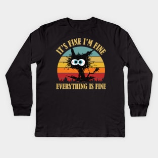 Black cat Vintage its fine im fine everything is fine Kids Long Sleeve T-Shirt